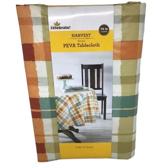 PEVA Tablecloth Harvest Fall Plaid Round 70" Orange Green Tan Damp Clean NEW - Picture 1 of 5